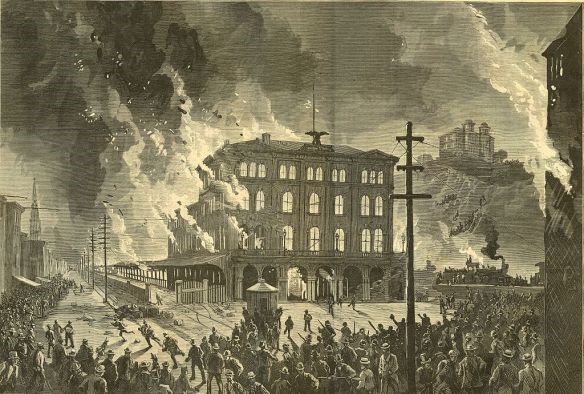 destruction_of_the_union_depot building is on fire while a mob of people look on
