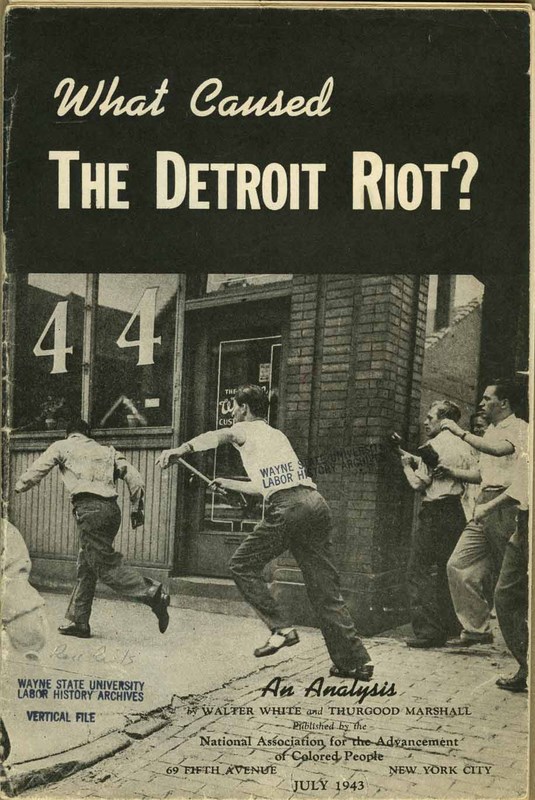 Cover image of a book titled What Caused the Detroit Riot? with image of an African American man running away from a white man holding a nightstick while other white men look on.