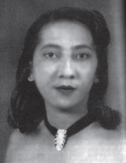a historic scene of a young woman with shoulder-length black hair and a ribbon necklace with a large brooch.