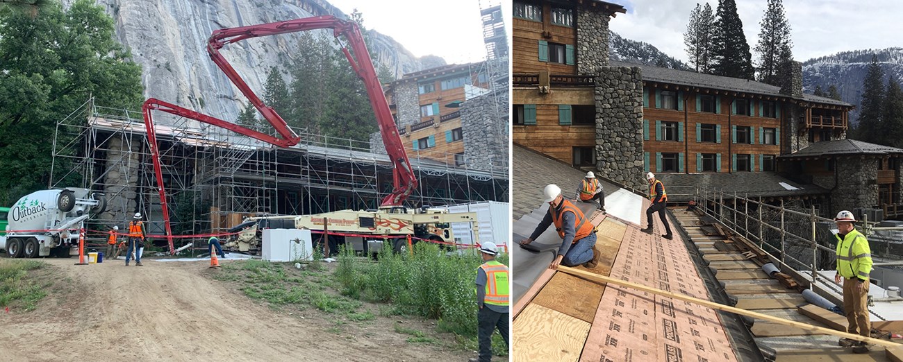 Left image: Work on the dining room roof; Right image: Pumping concrete at the dining room. Left image: Work on the dining room roof; Right image: Pumping concrete at the dining room.