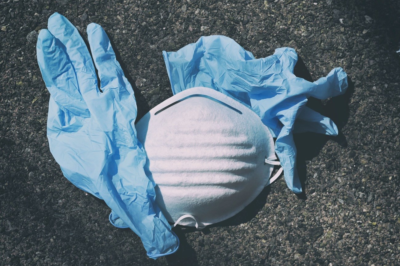 a pair of disposable gloves and a mask