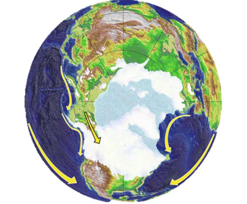 NPS Photo. A map of the globe oriented with the North Pole at the center. Yellow arrows indicate various routes on the globe.