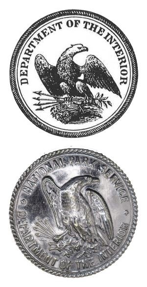 Line drawing of an eagle seal with a silver eagle badge below