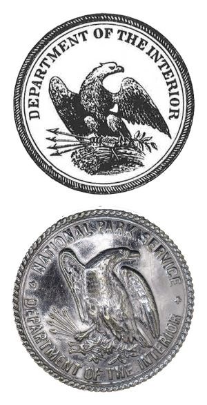 DOI seal and DOI-issued badge Line drawing of an eagle seal with a silver eagle badge below