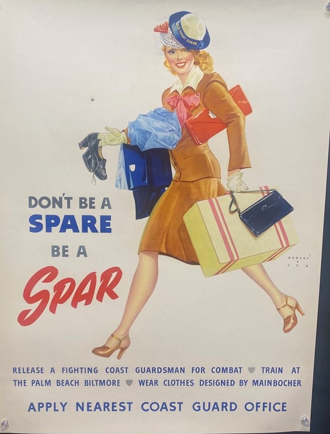 Illustrated poster of a white woman with blonde hair wearing a tan jacket and shirt and high heels. She smiles toward the viewer and carries several shopping bags, a hat, and a pair of shoes. Text reads, in part, “Don’t be a spare – be a Spar."