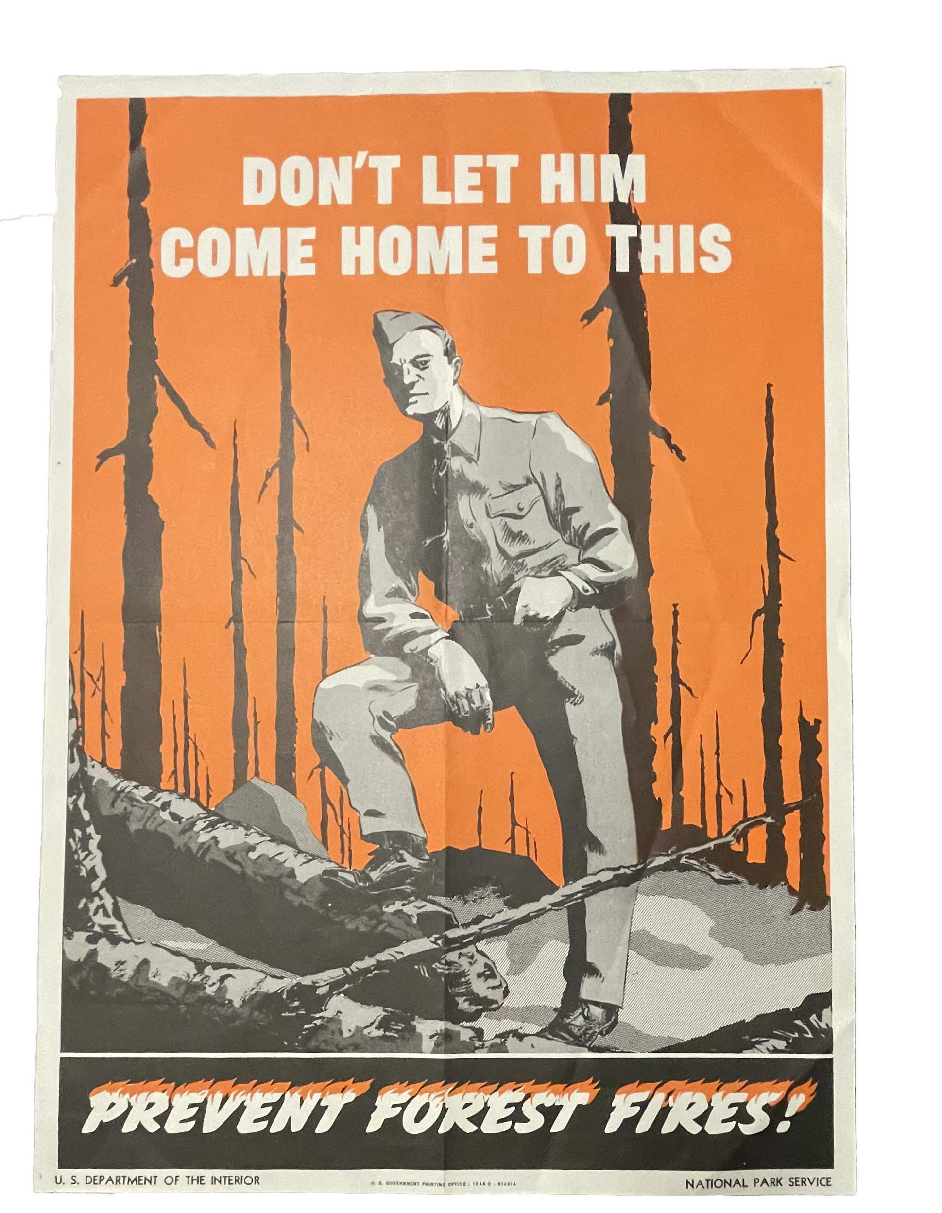Don't Let Him Come Home to This poster Army soldier in a burned out landscape with orange sky