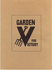Garden V for Victory Text with words Garden V for Victory and outline of rake