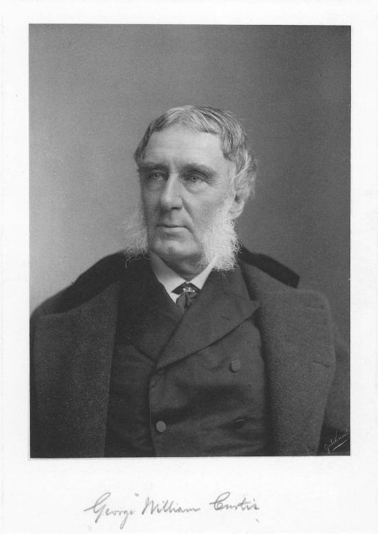 George William Curtis portrait Black and white photo of a man in a suit looking slightly to the side. "George William Curtis" written below..