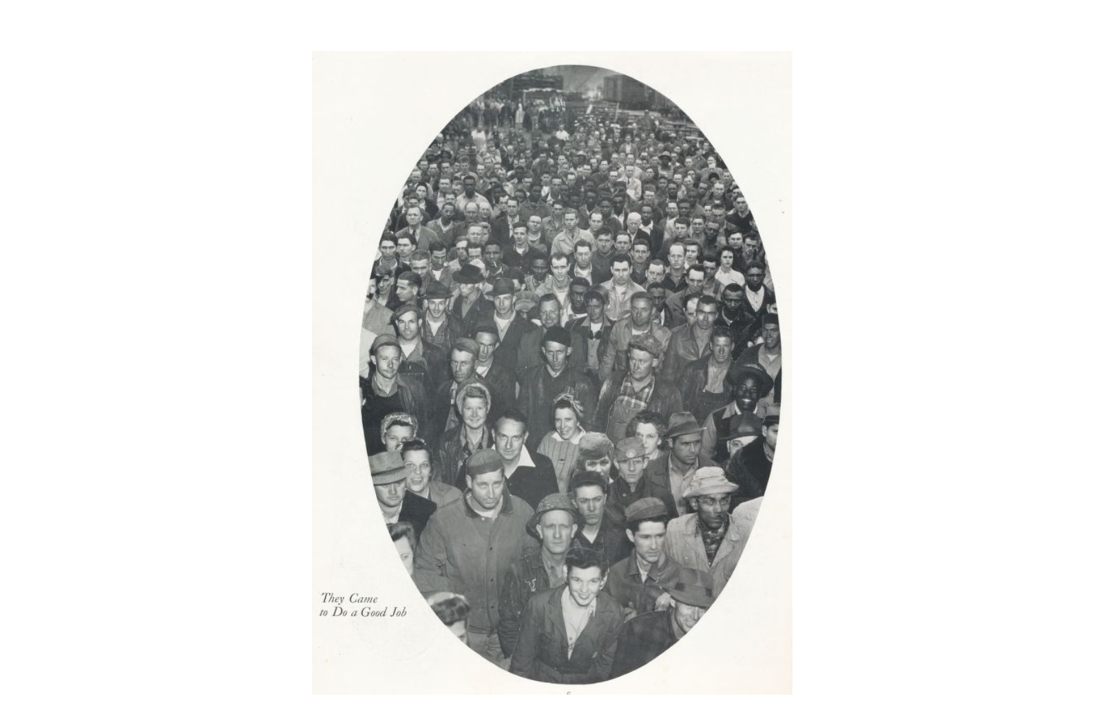 Page 6 of the booklet titled "Five Years of North Carolina Shipbuilding" features a button photograph of the employees.  The photograph has a caption reading, "They came to do a good job."