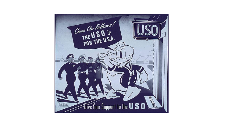 "The USO’s For the U.S.A.” cartoon by Walt Disney. Pictured is Donald Duck giving a thumbs up to soldiers.