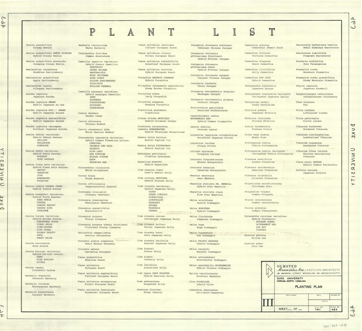 Duke University Planting List typed list of plant names
