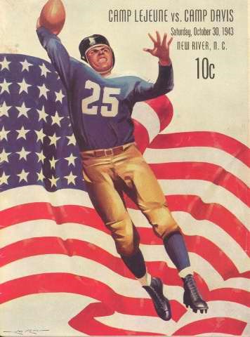 Inter-branch athletics and social events helped to improve morale. Program for "Camp Lejeune vs. Camp Davis" football game, illustrated color cover, official football program of US Marine Corps, Camp Lejeune Program for "Camp Lejeune vs. Camp Davis" football game, illustrated color cover, official football program of US Marine Corps, Camp Lejeune