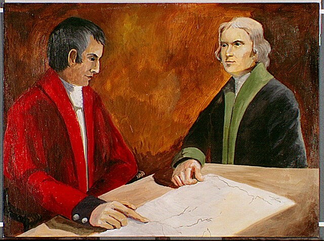 Captain Meriwether Lewis and President Thomas Jefferson discuss the route of the proposed expedition on a map. 