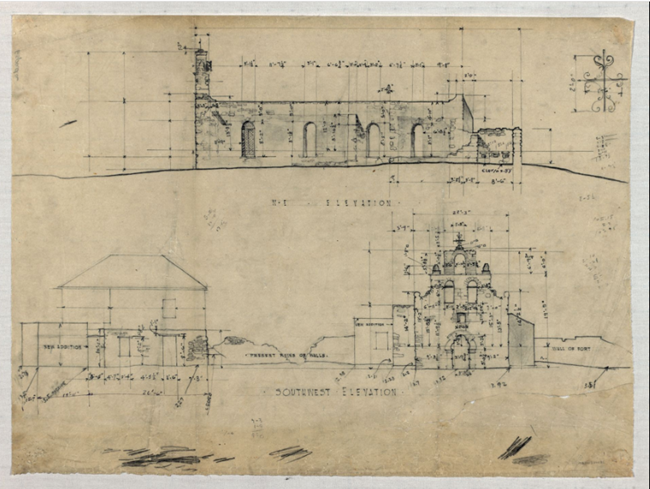 Architechtural field sketch of a mission and its convento