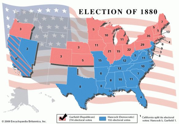 a map of the United States showiing the voting of the election of 1880- red is for Garfield and blue is for Hancock