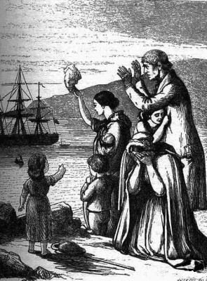 A black and white illustration depicting a family waving to a ship as it departs.