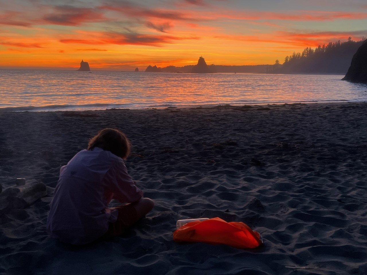 a orange and yellow sunset on a sandy beach with silhouettes of sea stacks and tree-covered coastline.