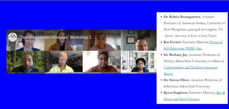 Essex NHA Screenshot of "Teaching Hidden Histories" meeting with eight panelists