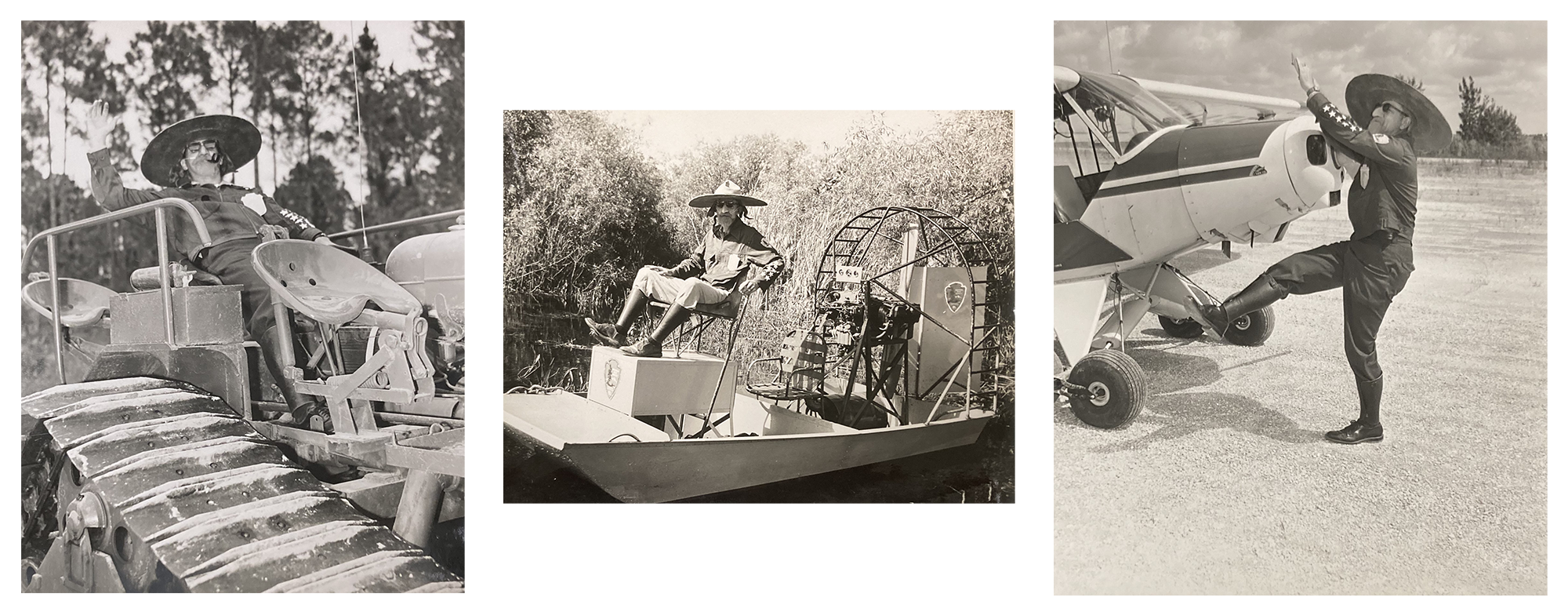 Everglades antics Three pictures of One Lick Evergreen in a swamp buggy, airboat, and in front of a plane.