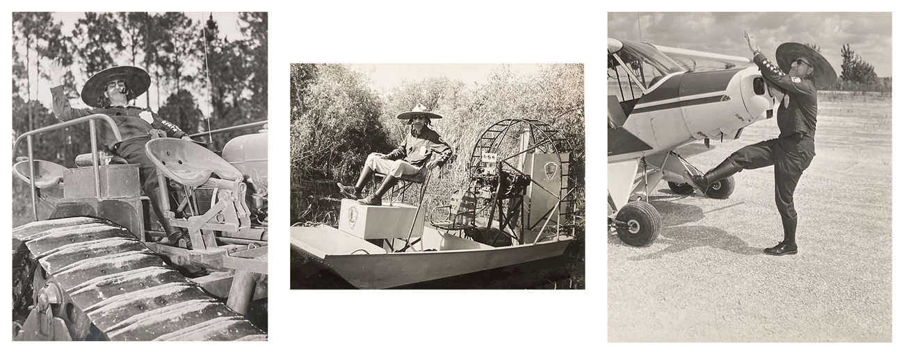 Everglades antics Three pictures of One Lick Evergreen in a swamp buggy, airboat, and in front of a plane.