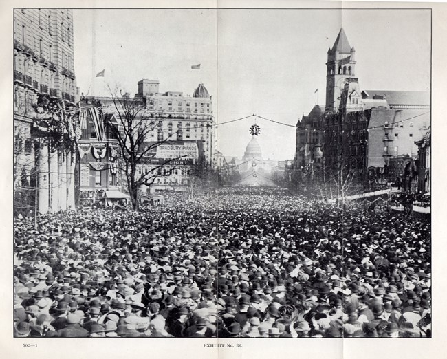 exhibit-36 Congressional Testimony of 1913 Suffrage Parade Huge crowds of people block the 1913 suffrage procession. National Archives Coll.