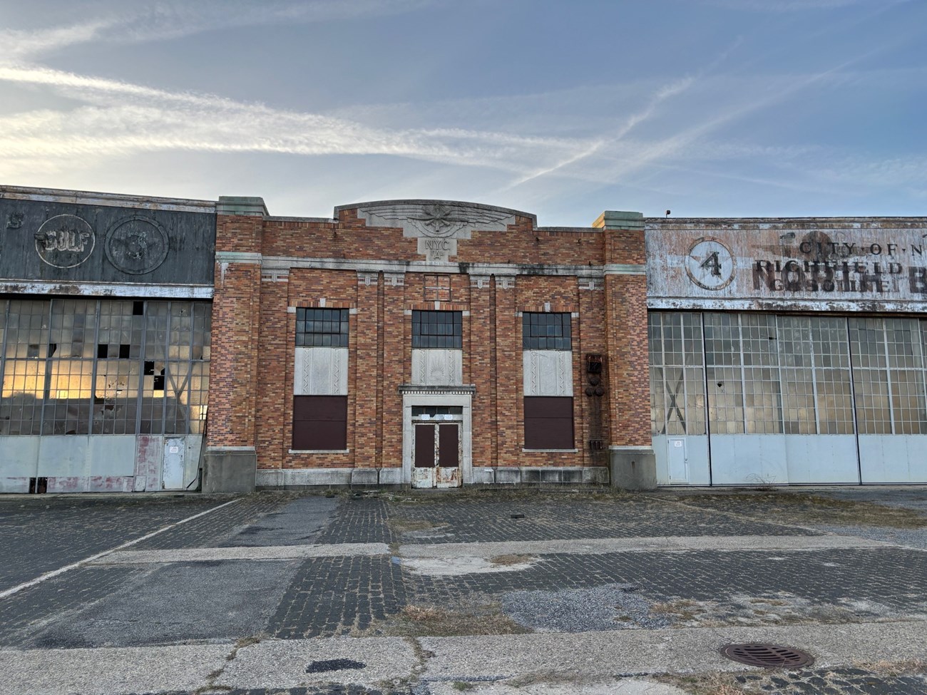 Hangars 3 and 4 Two historic aircraft hangars in a state of disrepair