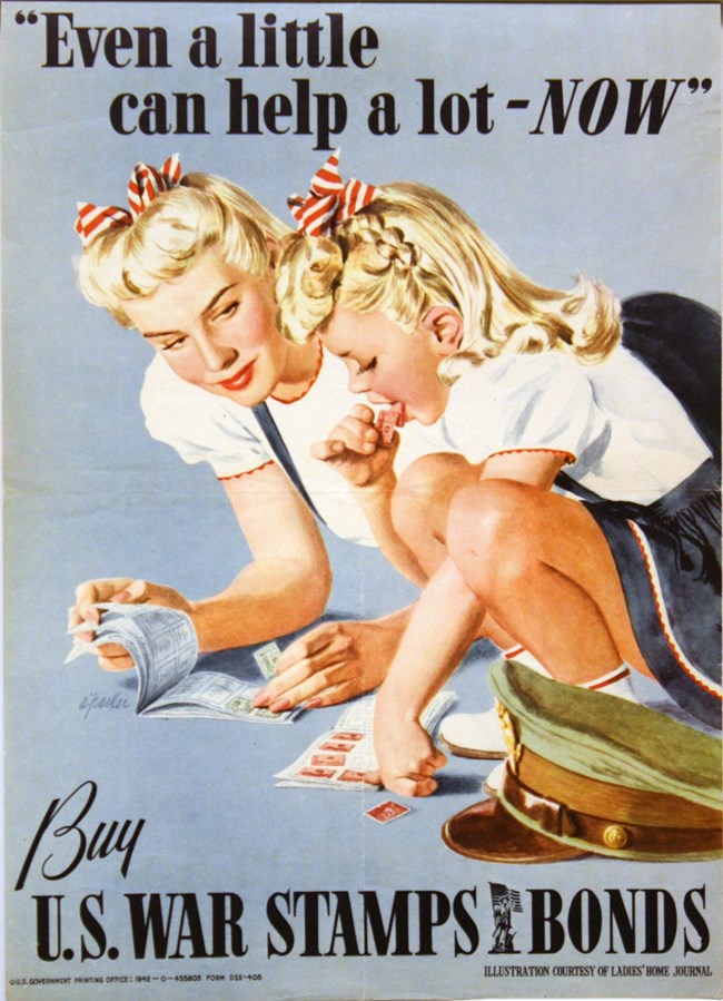 US War Stamps and Bonds Poster Illustrated poster of a woman and child with stamps and the caption "'Even a little can help a lot-- NOW.' Buy U.S. War Stamps and Bonds."