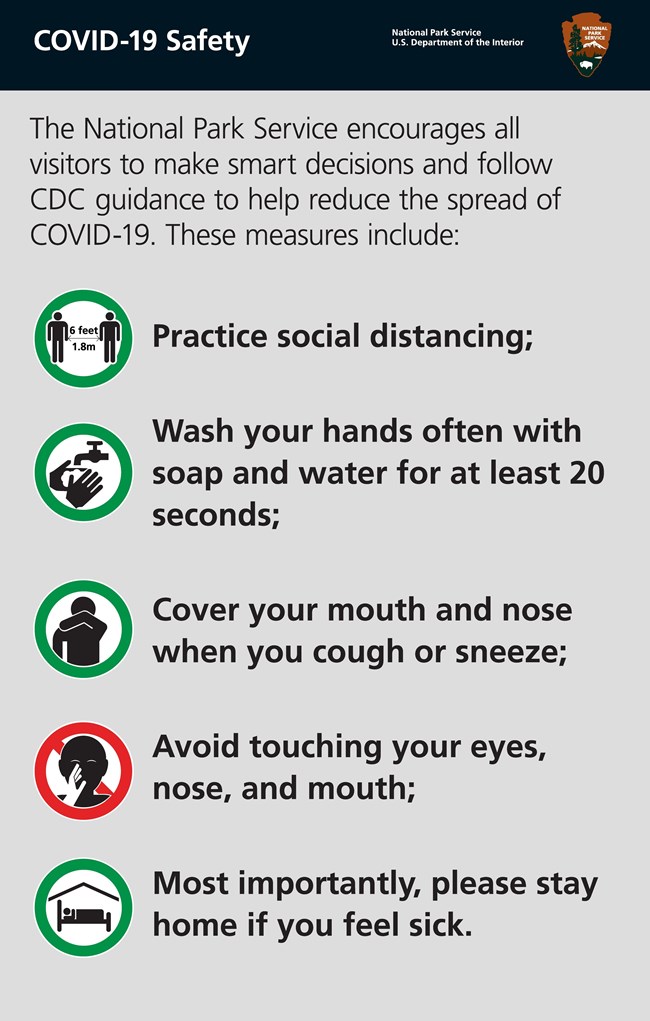 Infographic entitled "COVID-19 Safety” with text “National Park Service, U.S. Department of the Interior” and National Park Service logo. Text reads “The National Park Service encourages all visitors to make smart decisions and follow CDC guidance