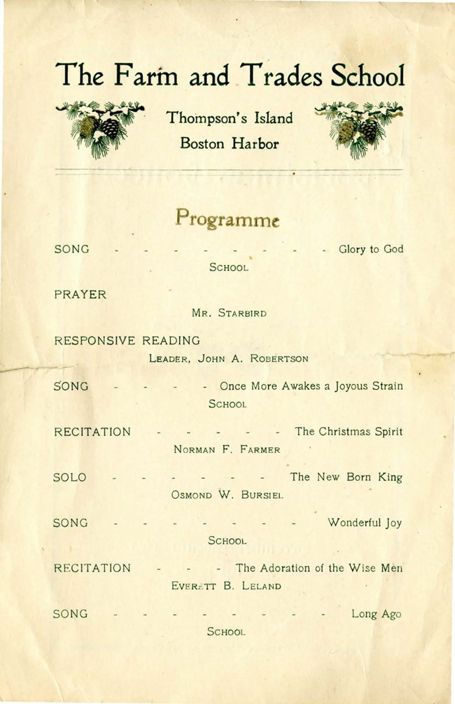 Thompson Island Christmas Concert Program Photo of a program with Christmas Concert written in fancy letters with a graphic of pine needles and pine cones in the center