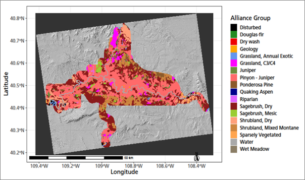 fig-1-dino-map-NCPN-alliance-groups Map of Dinosaur National Monument showing vegetation alliance groups analyzed for trends in production, phenology, and climate. Uncolored areas within the boundary represent alliance polygons smaller than 8.3 hectares.