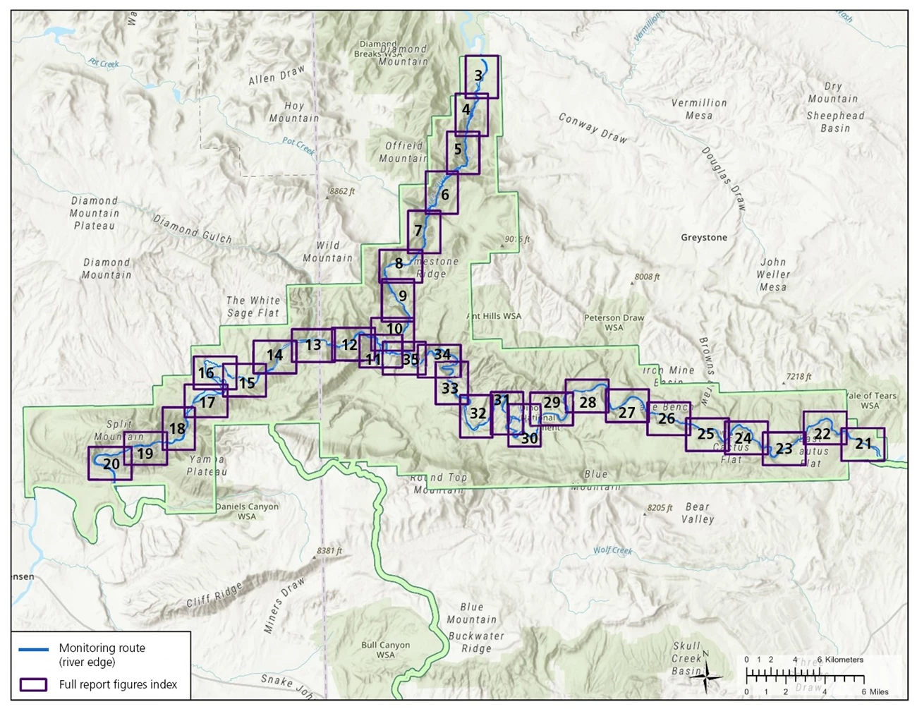 This overview map shows invasive plant monitoring routes and corresponding figure sections from the full report. Grid overlays and blue lines mark monitoring routes and figure references across Dinosaur NM.