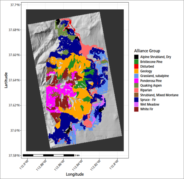 This map shows major vegetation alliance groups analyzed for trends at Cedar Breaks National Monument. Color-coded map showing vegetation alliance groups across Cedar Breaks National Monument.