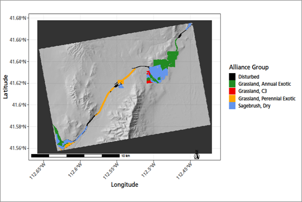 Vegetation alliance groups at Golden Spike NHS were mapped and analyzed for production and phenology trends. Map of Golden Spike NHP with colored vegetation types—disturbed, exotic grasslands, and dry sagebrush—along the main valley.