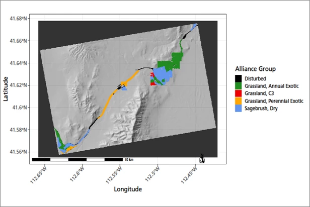This map shows vegetation alliance groups at Golden Spike National Historical Park, including disturbed, exotic grasslands, C3 grasslands, perennial exotic grasslands, and dry sagebrush areas. Map of Golden Spike NHP with colored vegetation types—disturbed, exotic grasslands, and dry sagebrush—along the main valley.