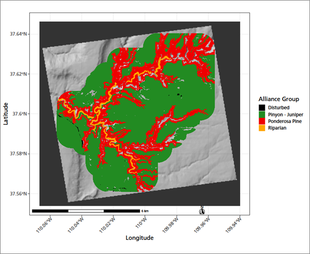 Map of vegetation alliance groups at Natural Bridges, color-coded by dominant vegetation type.