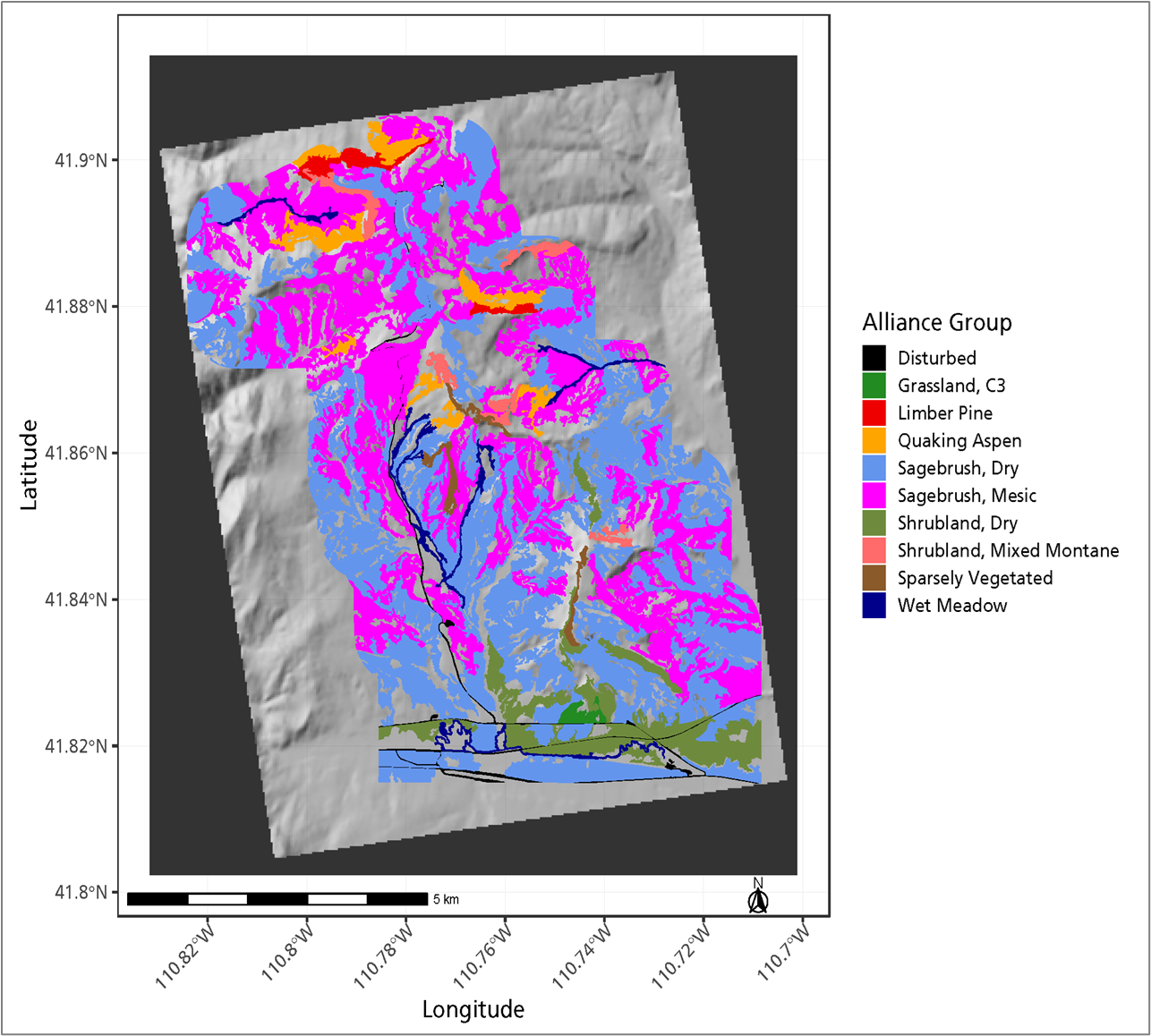 fig-1-map-NCPN-alliance-groups Map showing vegetation alliances analyzed for trends in production, phenology, and climate. Uncolored areas within the boundary represent alliance polygons smaller than 8.3 hectares. Gray areas indicate locations not analyzed or outside the study area.