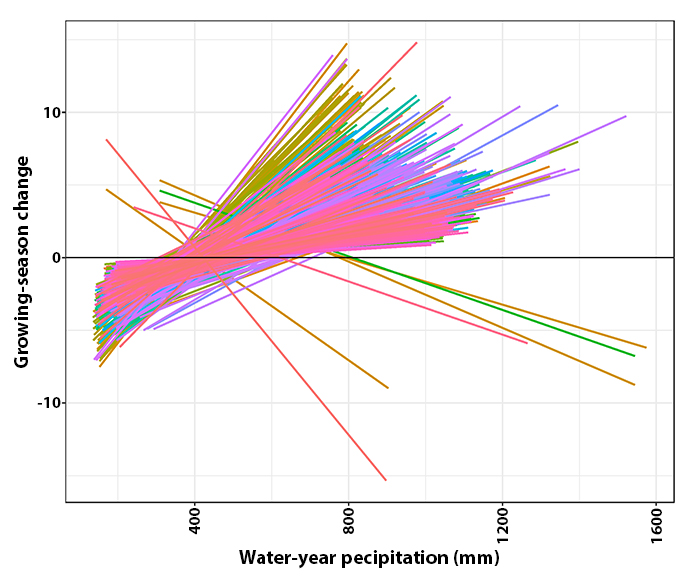 Multicolored lines fan across a chart in varied slopes and positions, forming a dense spread of angled trends across the plotted grid.