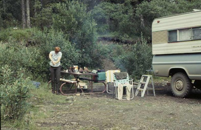 a woman standing near a picnic table and car in a forest