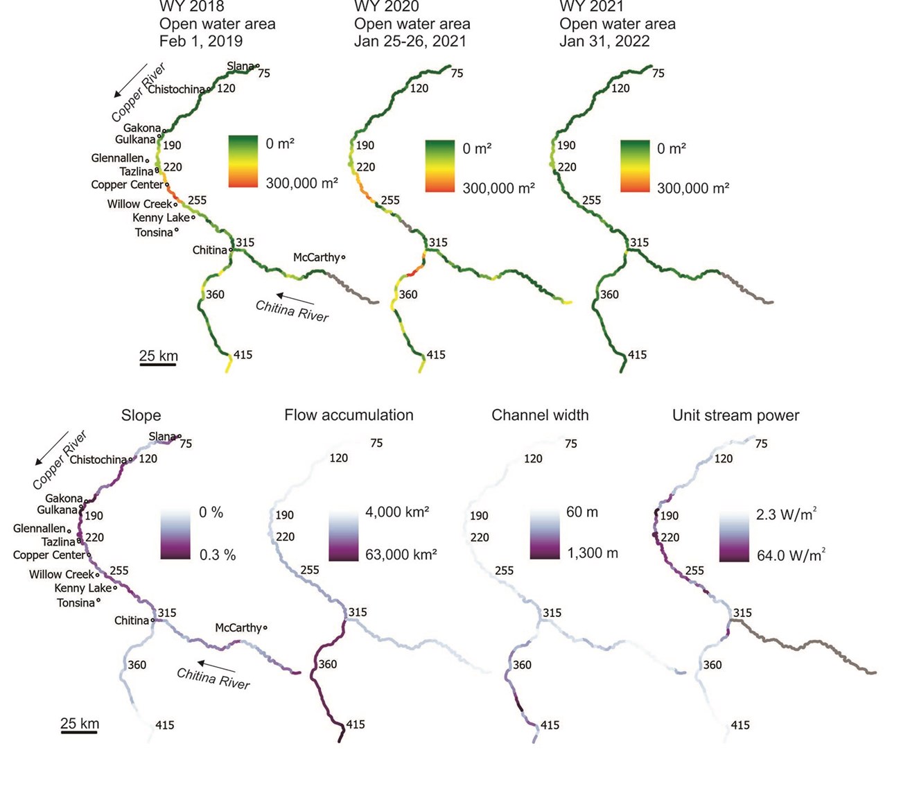 A multi-part figure showing changes in temperature and precipitation for various reaches of the river across three water years.