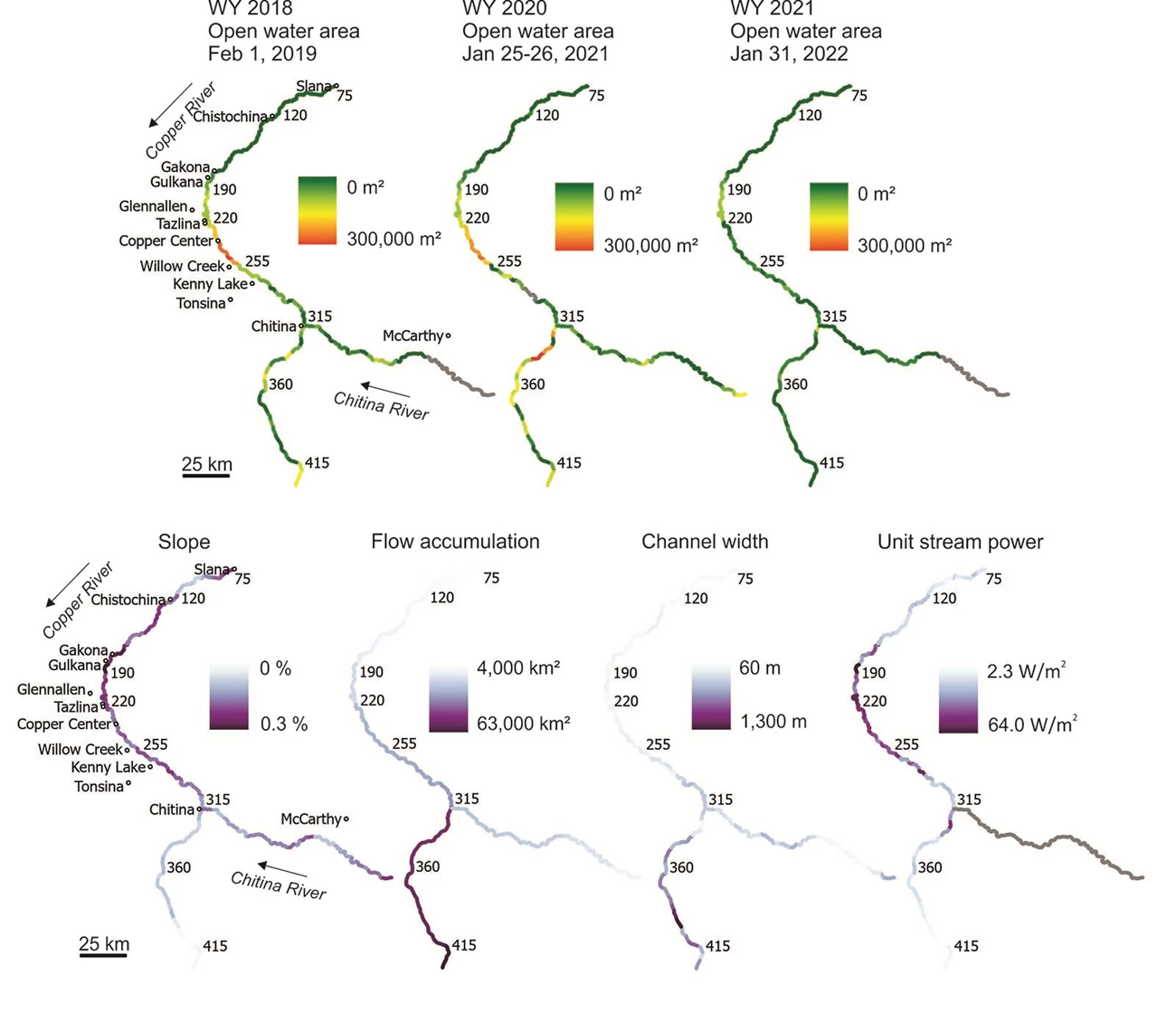 fig7_landscape2_web A multi-part figure showing changes in temperature and precipitation for various reaches of the river across three water years.
