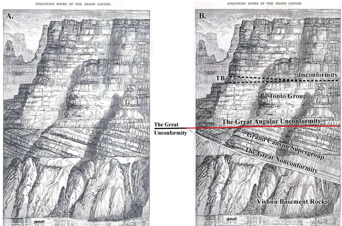 two drawings of rock layers in the walls of grand canyon.