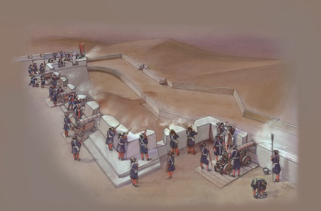 Illustration of soldiers on gun deck firing cannons.
