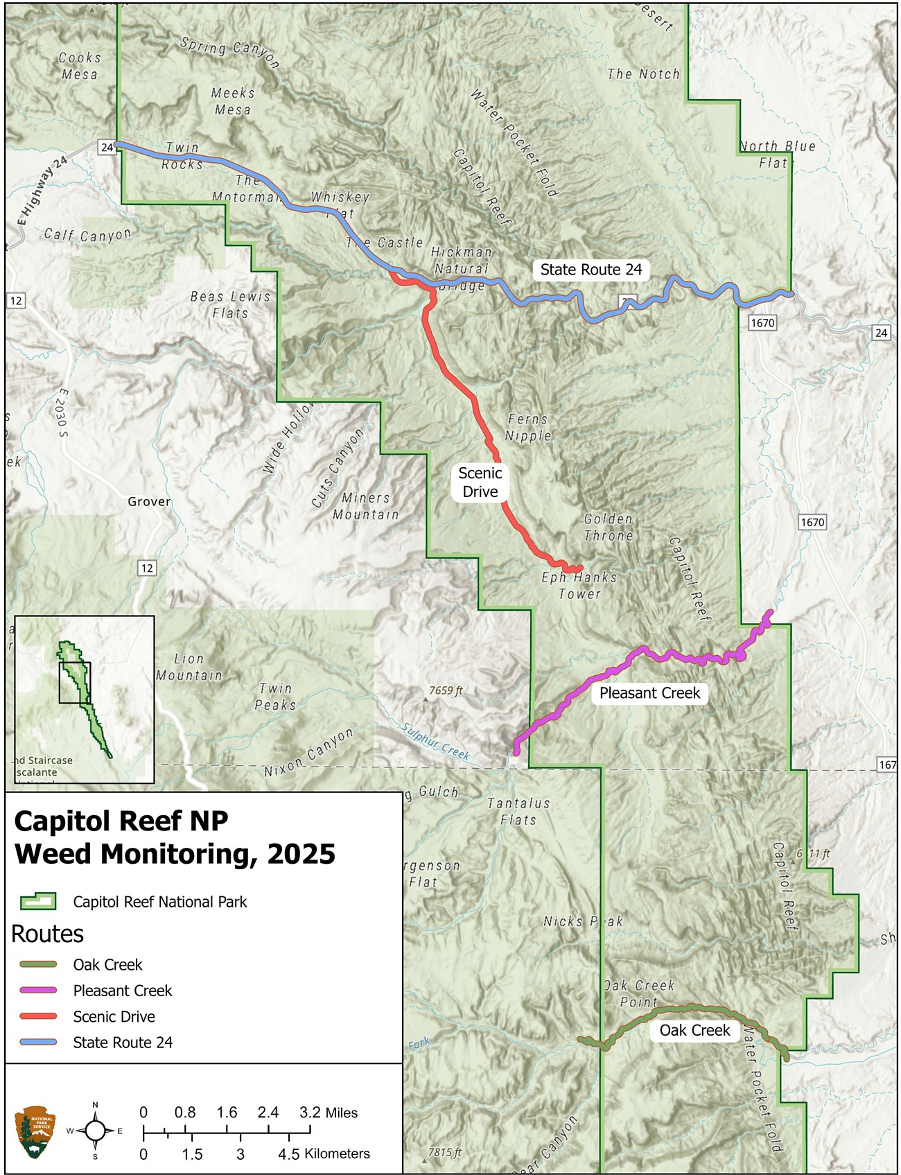 A shaded relief map shows Capitol Reef National Park with four colored lines marking survey routes: Oak Creek, Pleasant Creek, Scenic Drive, and State Route 24, along with labels, a scale bar, and a small locator map.