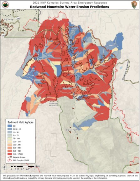 A map shows large areas of red, labeled in the legend as 410-17000 kg/acre for sediment yield
