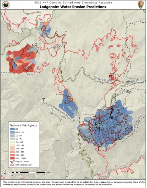 A map showing one cluster of red and another cluster of blue. The red shows areas of high potential sediment yield.