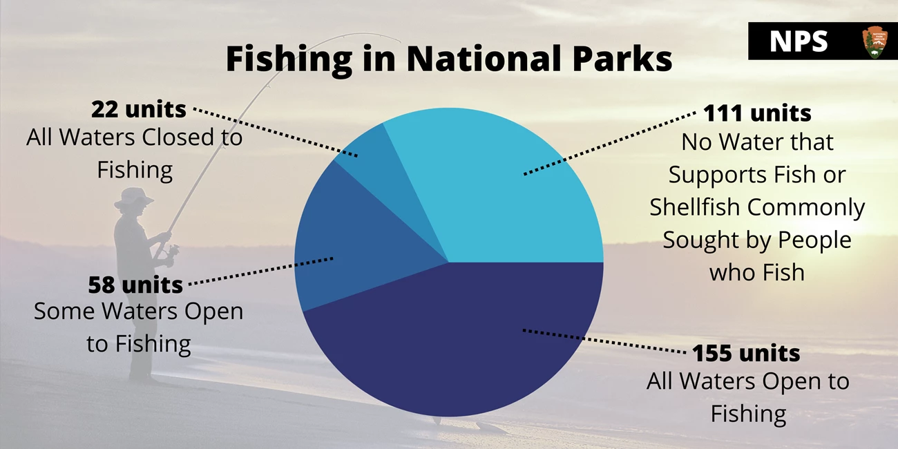 fishing in parks an infographic of fishing in national parks with a graph showing fishing designations by number of units. Full alt text below image