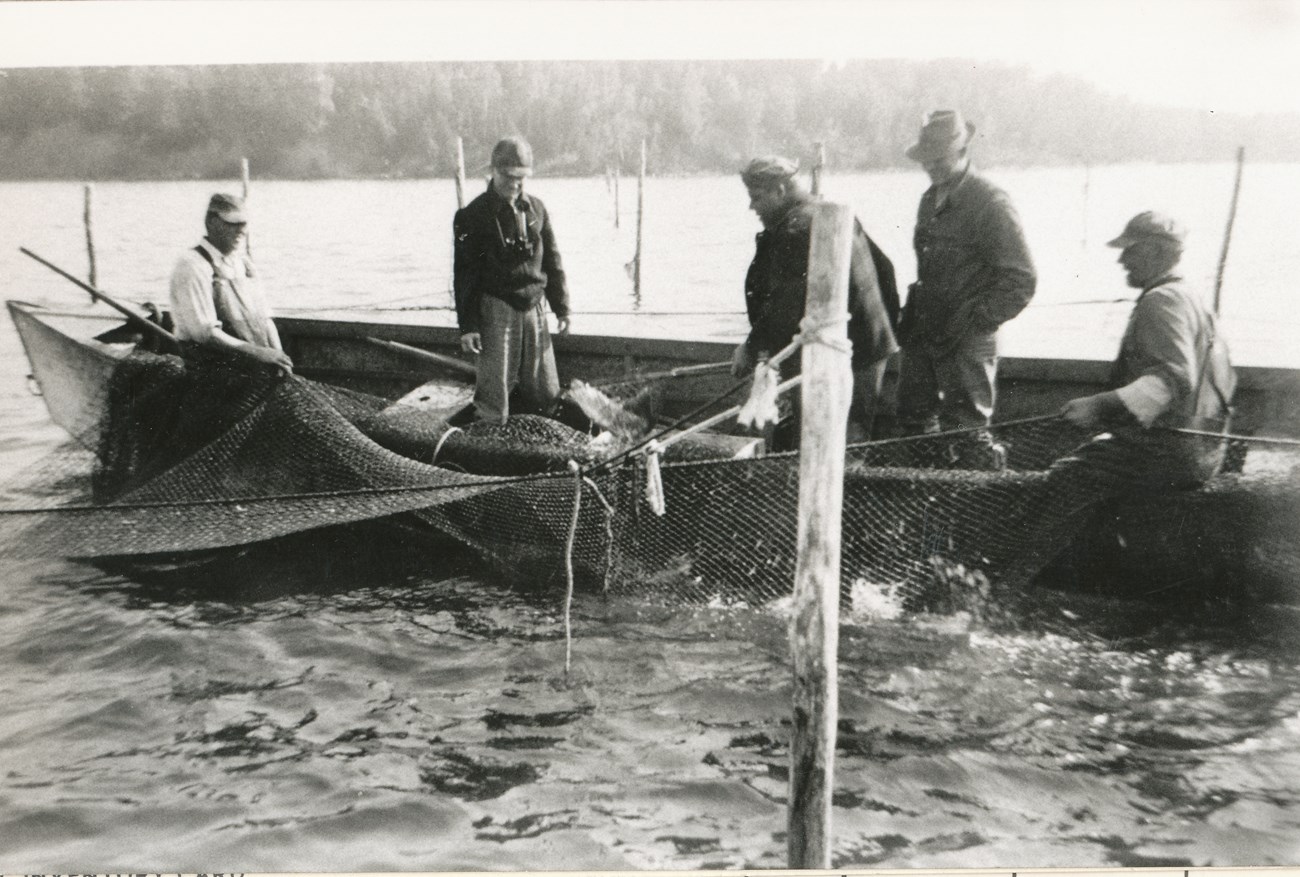 Five men in a small boat holding a fishing net.