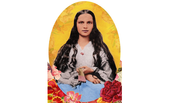 Brittany Darpino - Francisca Lopez A young girl with dark, wavy hair looks into the camera and vibrant flowers accent her portrait
