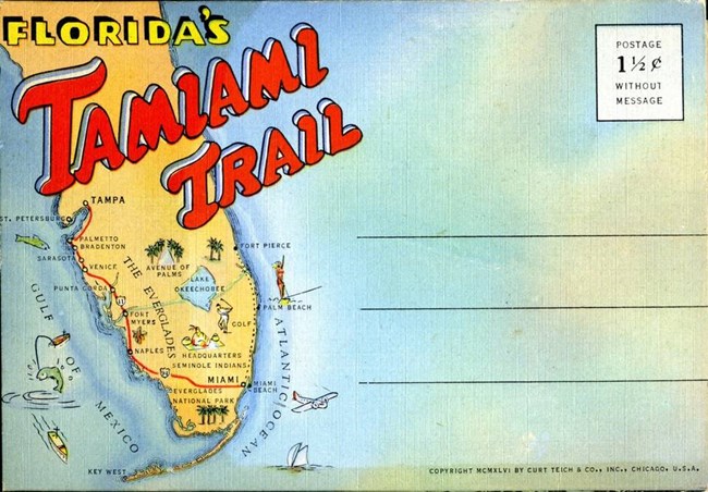 A postcard showing the location of Tamiami Trail in Florida.