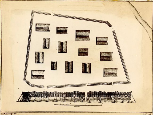 An old site drawing of the Sitka Fort.